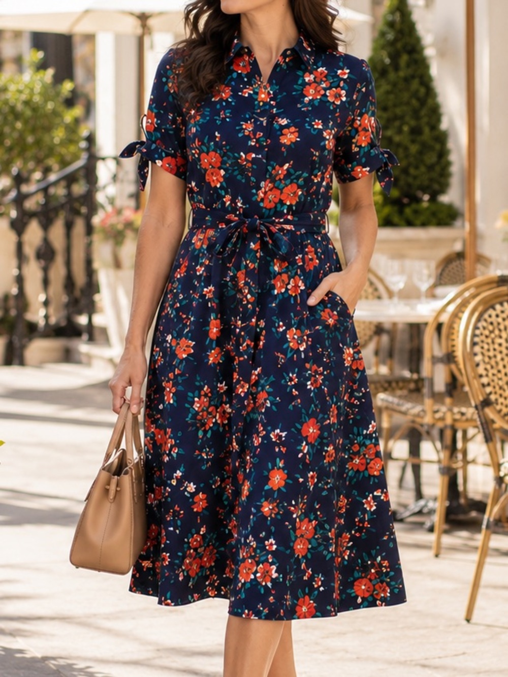 Calvin Klein Size 6 Floral Shirt Dress NWT Belted Midi Pockets